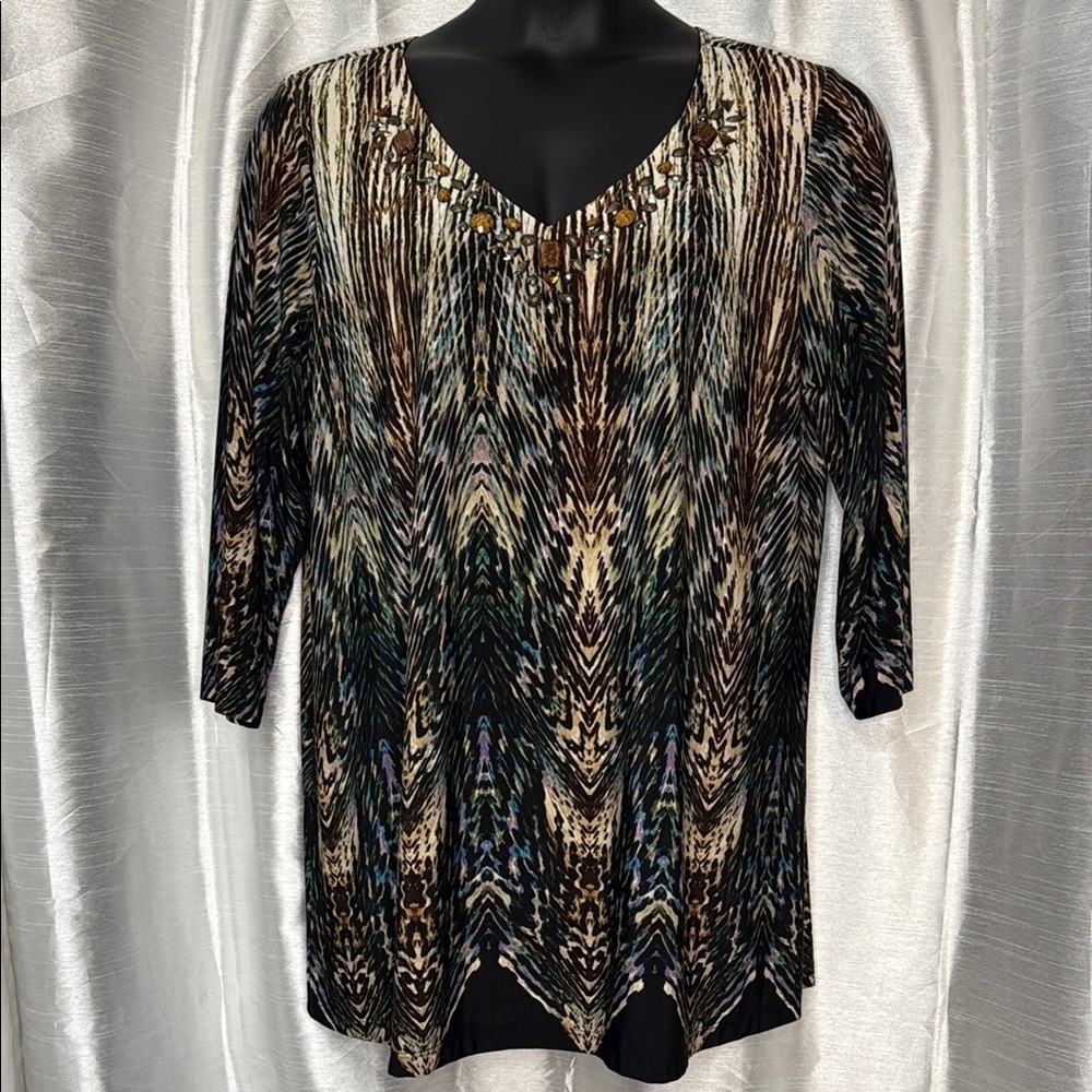 New Directions Women’s 2X Embellished V Neck 3/4 Sleeve Boho Tunic Blouse